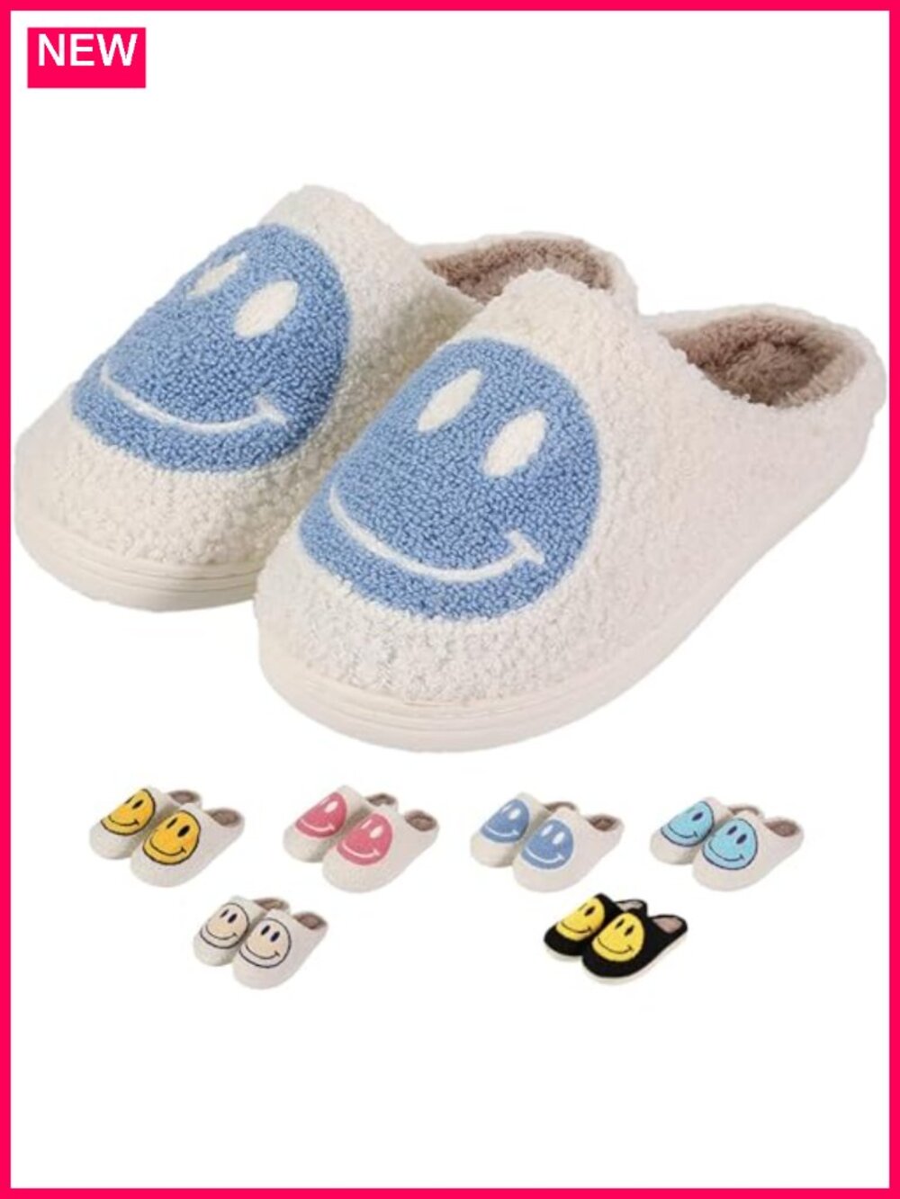 Retro Happy Face Slippers with Plush Fleece Lining, Non-Slip Rubber Sole, Slip